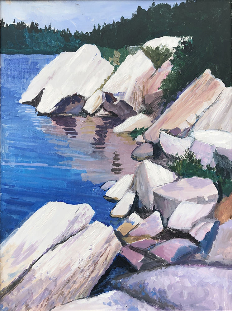 Painting of a lake with stones on the shore and evergreen forest in the background