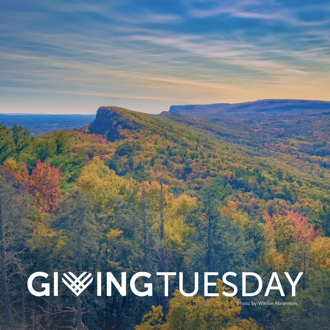 Shawangunk Ridge in autumn colors with the Giving Tuesday logo at the bottom