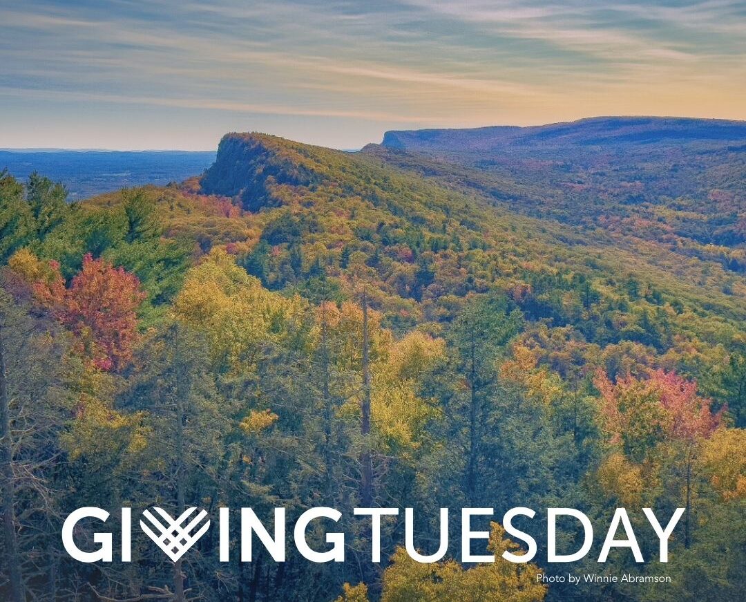 Giving Tuesday graphic over a scenic image of the Shawangunk Ridge by Winnie Abramson